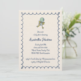 Navy and Mint Doodle Rattle and Bow Baby Shower Inbjudningar