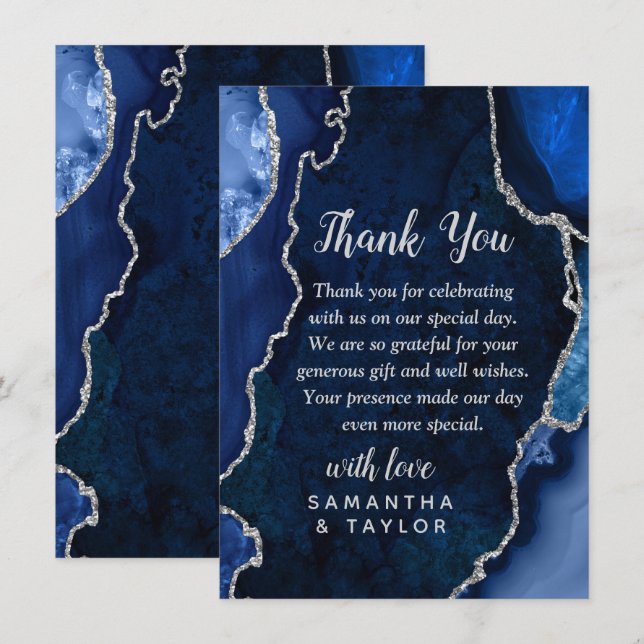 Navy and Silver Agate Marble Wedding Thank You Tack Kort (Fram/baksida)