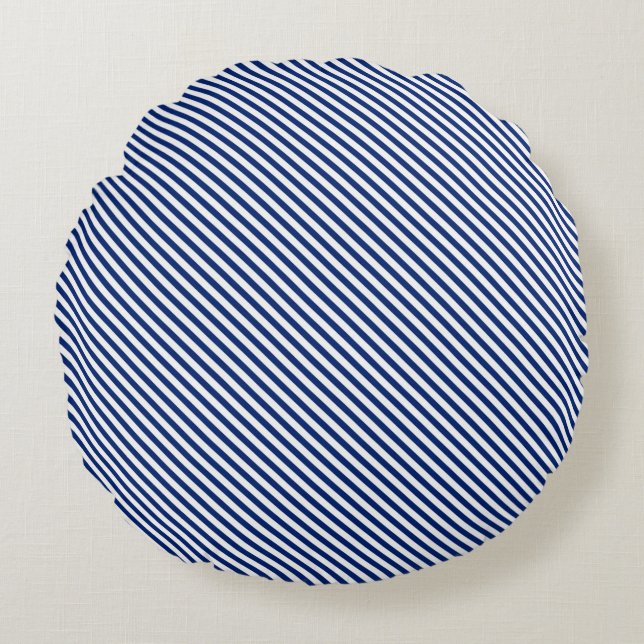 Navy and White Angled Stripes Rund Kudde (Framsidan)
