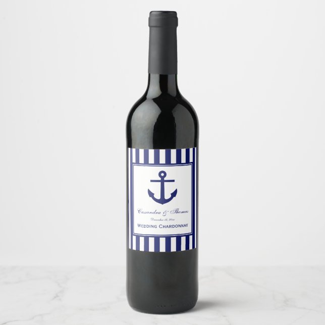 Navy Ankare Navyblå Ram 2, Vit Rand DIY BG Vinflaska Etikett (Framsida)