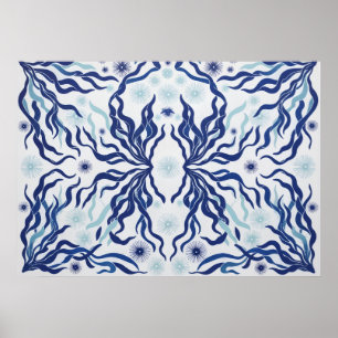 Navy Aqua Sjögräs Botanisk Symmetri Poster