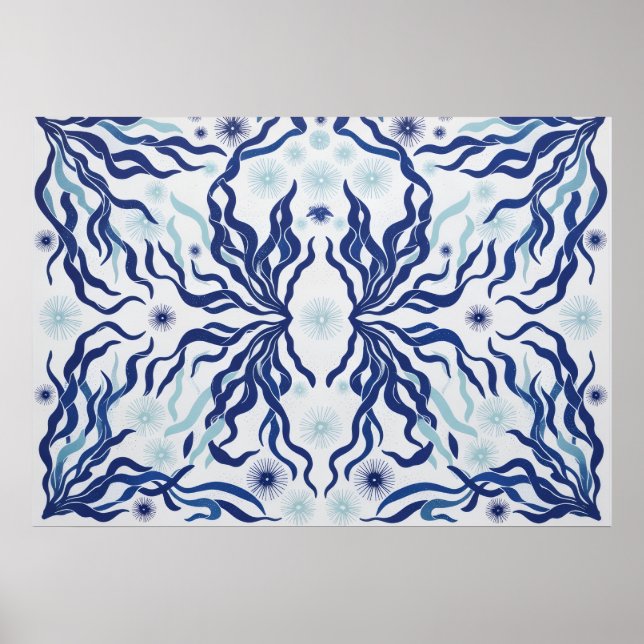 Navy Aqua Sjögräs Botanisk Symmetri Poster (Framsidan)