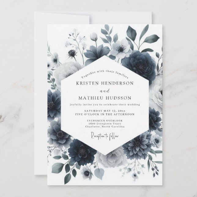 Navy Aquarelle Bloom Wedding Inbjudningar (Framsida)