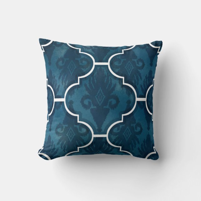 Navy Arabesque IKAT Damask Moroccan Tile Mönster Kudde (Framsida)
