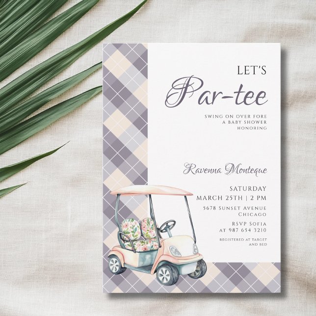 Navy Argyle Golf Cart Låter Par Tee Baby Shower Inbjudningar (Skapare uppladdad)