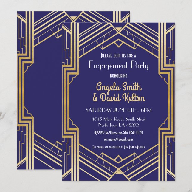 Navy Art Deco Bröllopsinbjudan Gatsby 1920 Inbjudningar (Fram/baksida)