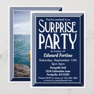 Navy Art Deco Photo Birthday Surprise Party Inbjudningar