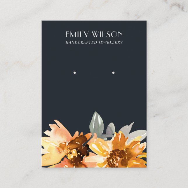 NAVY AUTUMN FALL SUNFLOWER STUD EARRING VISNING VISITKORT (Framsida)