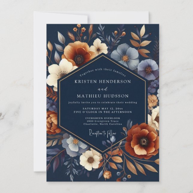 Navy Autumnal Bloom Wedding Inbjudningar (Framsida)