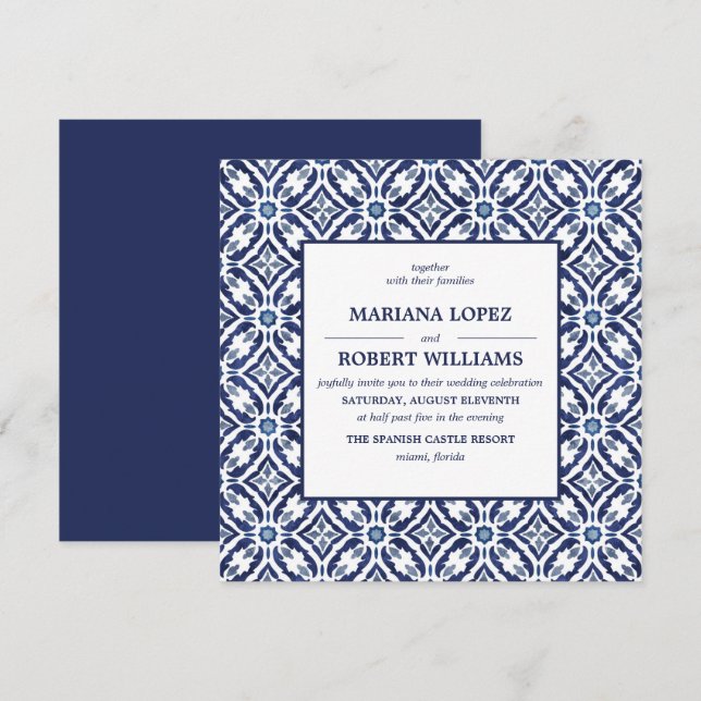 Navy Azulejo | Spaniens Tile Mönster Bröllop Inbjudningar (Fram/baksida)
