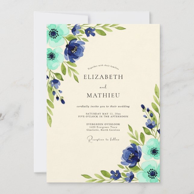 Navy Azure Floral Nature Wedding Inbjudningar (Framsida)