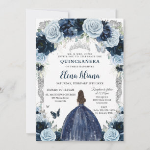 Navy Babyblå Blommig Vintage Silver Quinceanera Inbjudningar