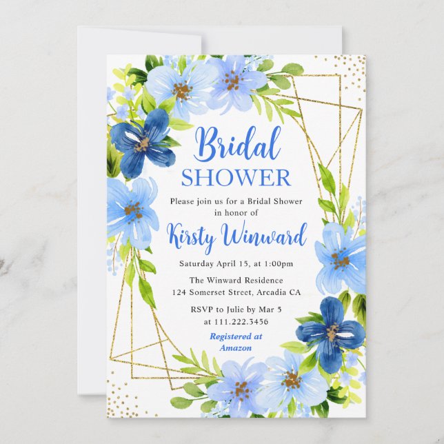 Navy & Babyblå Blommor Guld Ram Bröllopsfest Inbjudningar (Framsida)