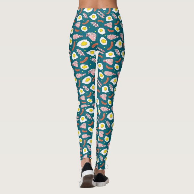 Navy Bacon Egg Sause Breakfast Food Mönster Leggings (Baksida)