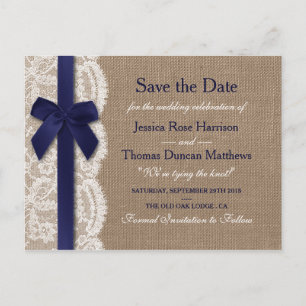 Navy Band på burlap & spets Save The Date Meddelande Vykort