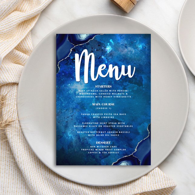 Navy Bar Mitzvah Galaxy Watercolor Agate Script Meny (Skapare uppladdad)