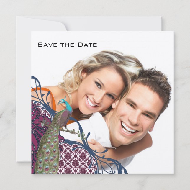 Navy & Berry Berry Elegant Damask Påfågel Bröllop Inbjudningar (Framsida)