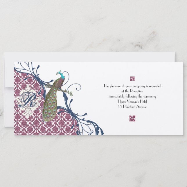 Navy & Berry Berry Elegant Damask Påfågel Bröllop Inbjudningar (Framsida)