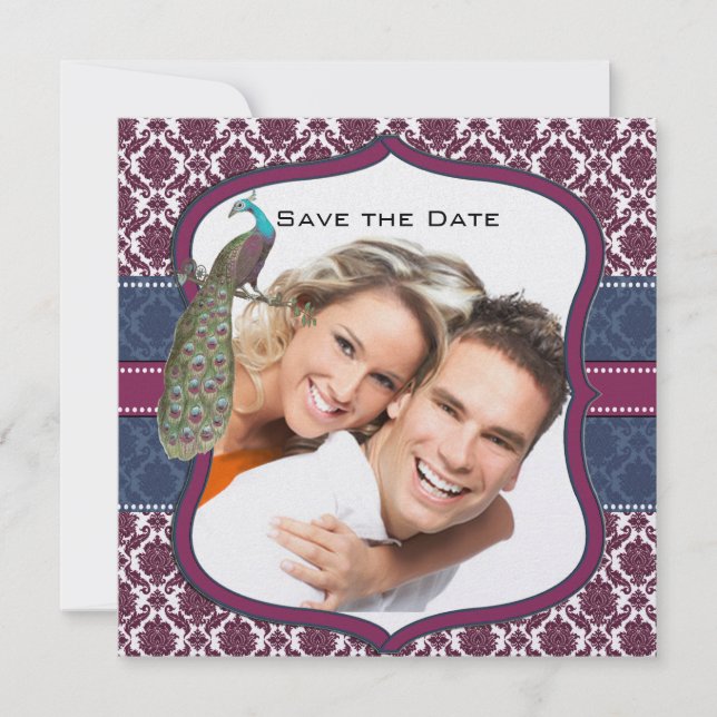 Navy & Berry Berry Elegant Damask Påfågel Bröllop Inbjudningar (Framsida)