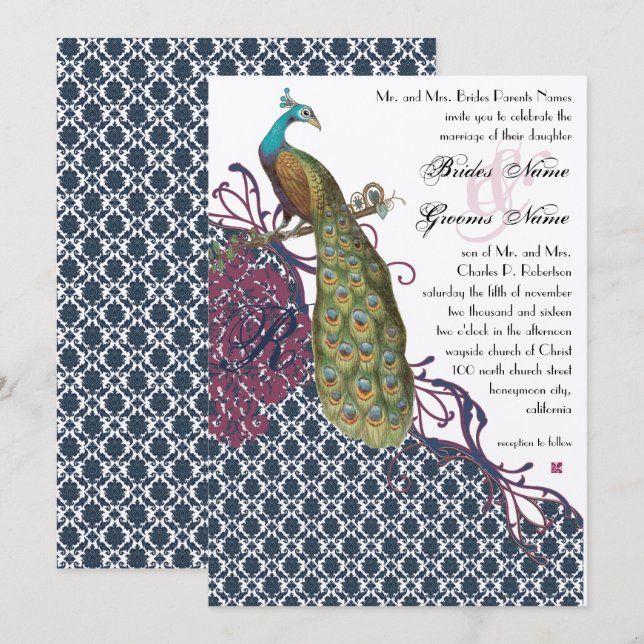 Navy & Berry Berry Elegant Damask Påfågel Bröllop Inbjudningar (Fram/baksida)