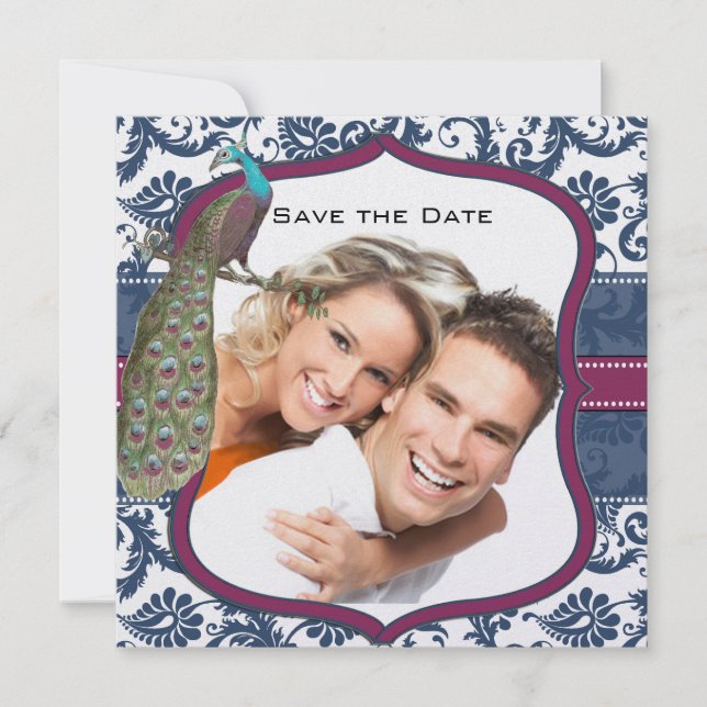 Navy & Berry Berry Elegant Damask Påfågel Bröllop Inbjudningar (Framsida)