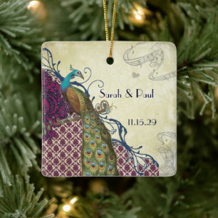 Navy & Berry Berry Elegant Damask Påfågel Bröllop Julgransprydnad Keramik