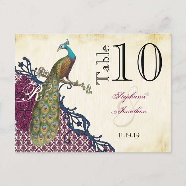Navy & Berry Berry Elegant Damask Påfågel Bröllop Vykort (Framsida)