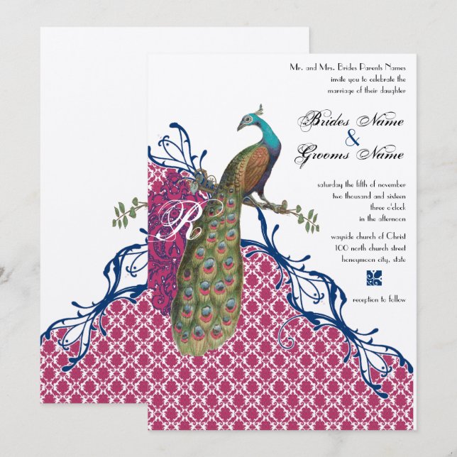Navy & Berry Berry Monogram Damask Påfågel Bröllop Inbjudningar (Fram/baksida)