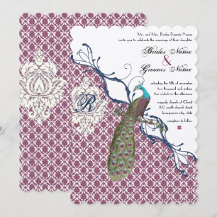 Navy & Berry Elegant Damast Påfågel Bröllop Inbjudningar