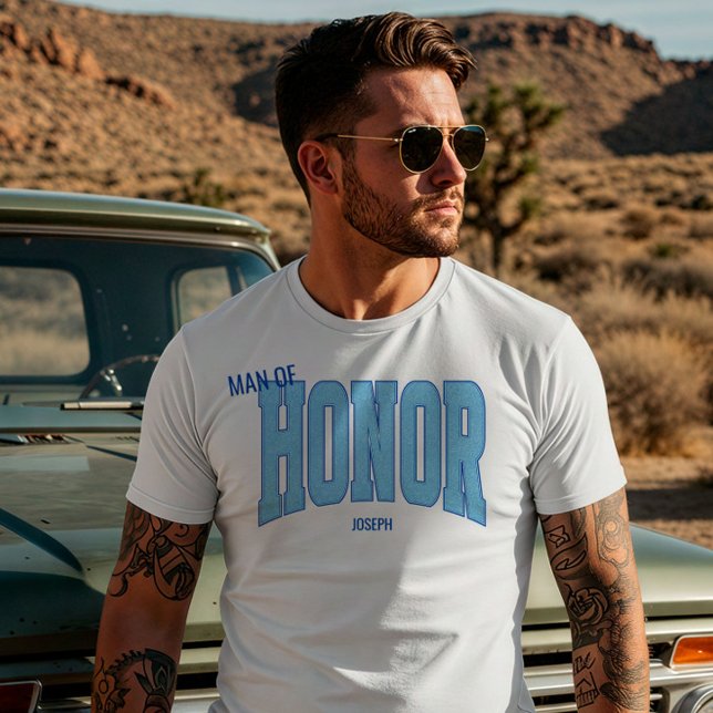 Navy + Blå Falsk Glitter Varsity MAN OF HONOR T Shirt (Personalize with names, dates, locations or events)