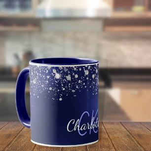 Navy blå glitter monogram namn skrift mugg