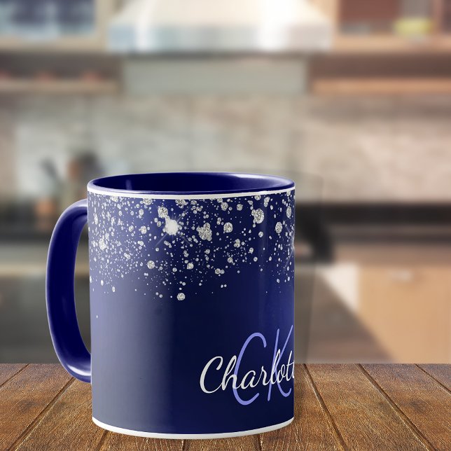 Navy blå glitter monogram namn skrift mugg (Skapare uppladdad)