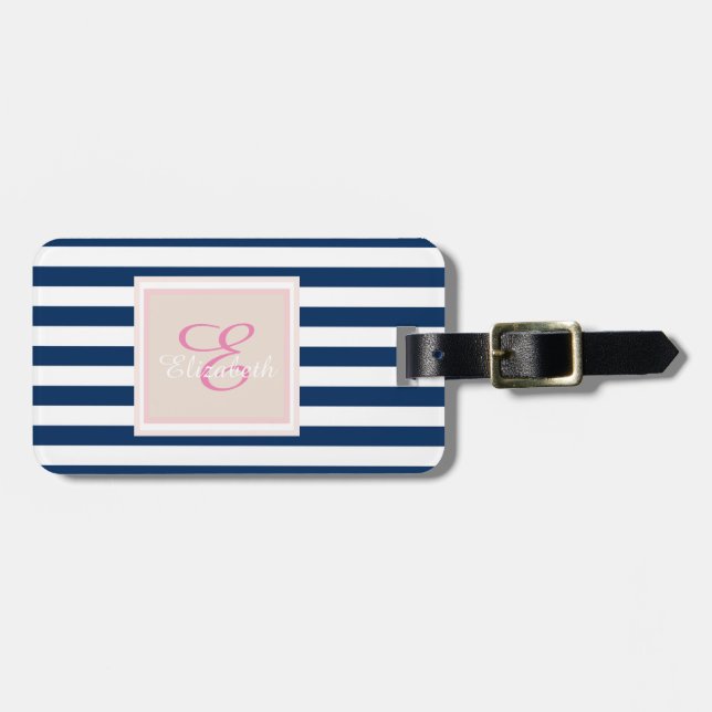 Navy blå randig monogram-personanpassad bagagebricka (Horisontell Framsida)