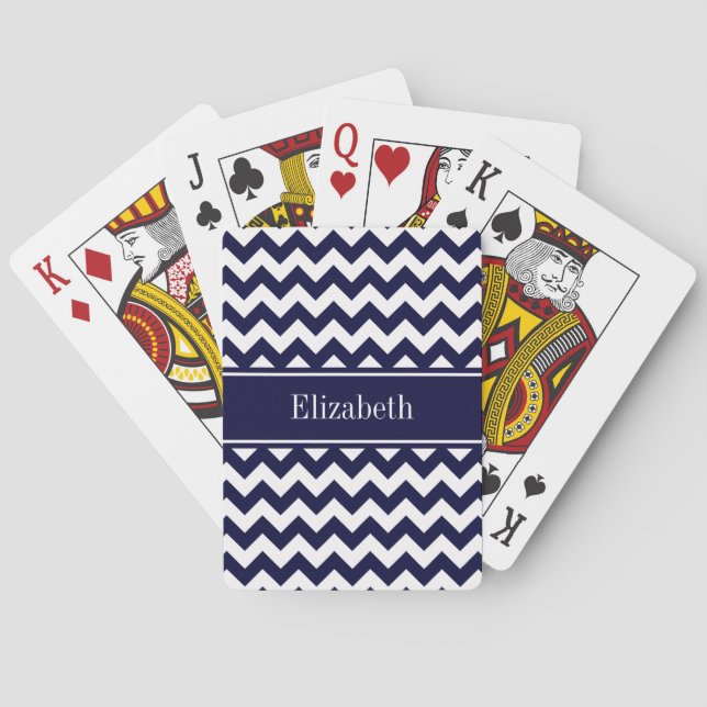Navy Blå Vit Chevron Navy Namn Monogram Kortlek (Baksidan)