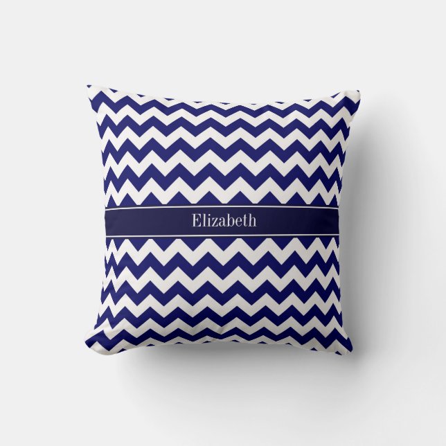 Navy Blå Vit Chevron Navy Namn Monogram Kudde (Framsida)