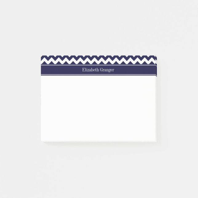 Navy Blå Vit Chevron Navy Namn Monogram Post-it Block (Framsida)