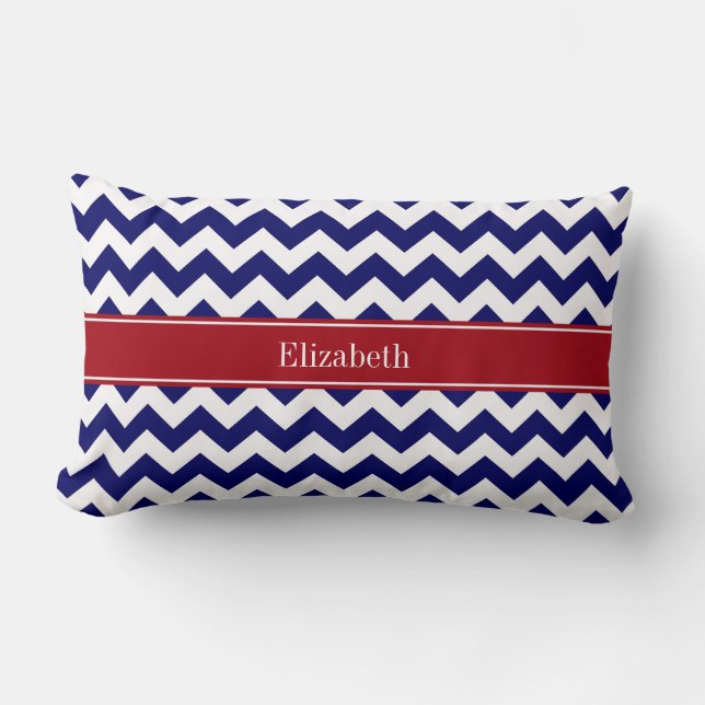 Navy Blå Vit Chevron Tranbär Namn Monogram Lumbarkudde (Framsida)