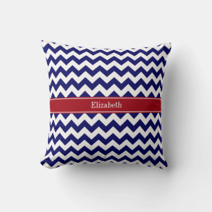 Navy Blå Vit Chevron Tranbärs Namn Monogram Kudde
