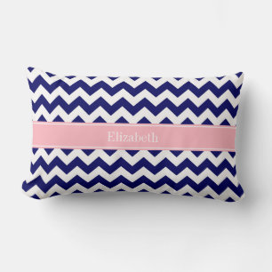 Navy Blå Vit Chevron Zig Zag Rosa Namn Monogram Lumbarkudde