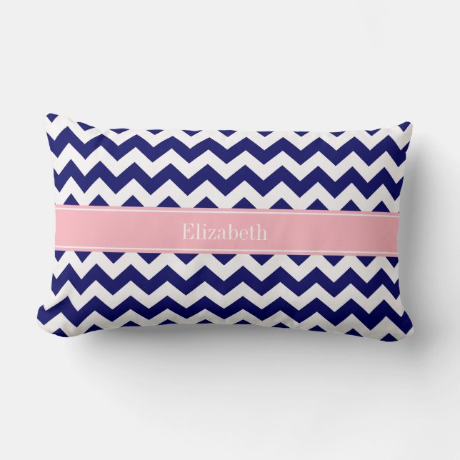 Navy Blå Vit Chevron Zig Zag Rosa Namn Monogram Lumbarkudde (Framsida)