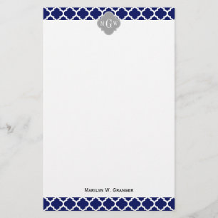Navy Blå Vit Marockansk #5 Grå 3 Initial Monogramm Brevpapper