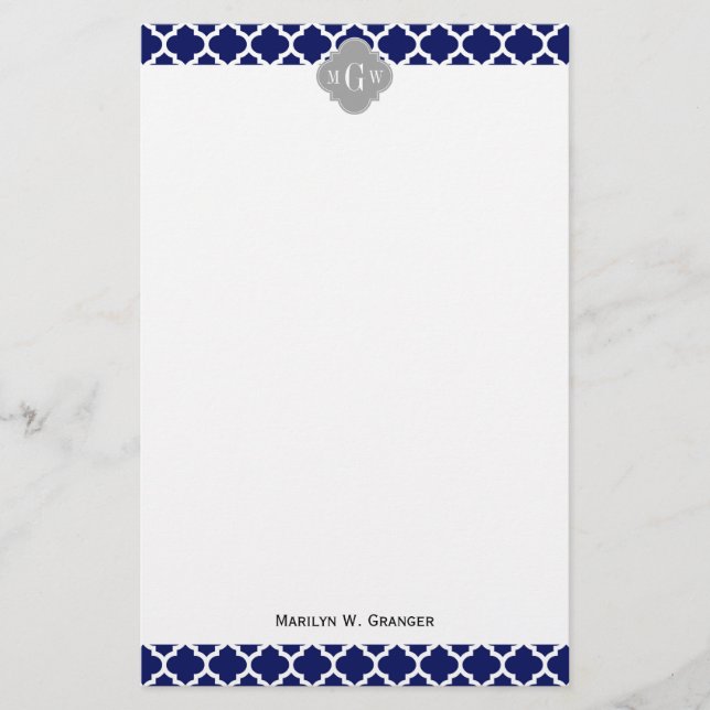 Navy Blå Vit Marockansk #5 Grå 3 Initial Monogramm Brevpapper (Framsida)