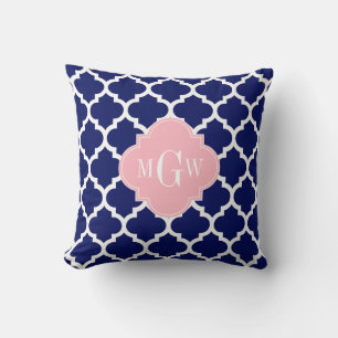 Navy Blå Vit Marockansk #5 Rosa 3 Initial Monogram Kudde