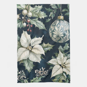 Navy Blå Vit Poinsettia Holly Jul Kökshandduk