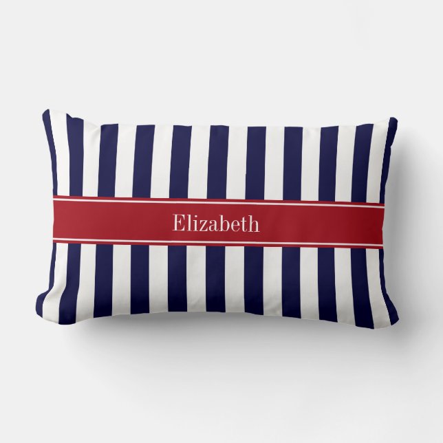 Navy Blå Vit Rand Cranberry Namn Monogram Lumbarkudde (Framsida)