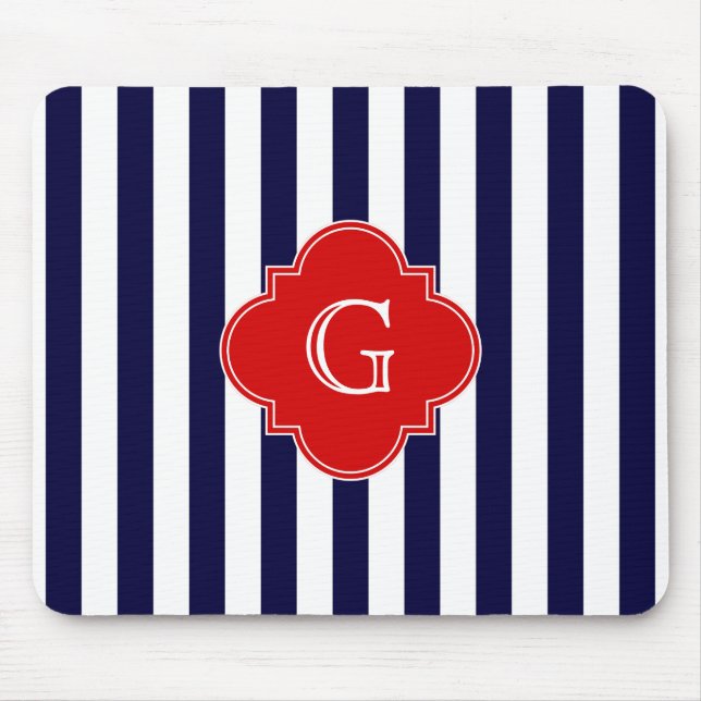 Navy Blå Vit Randig Röd Fyrklöver Monogram Musmatta (Framsidan)