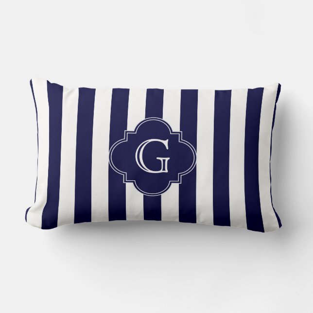Navy Blå Vita Ränder, Navy Märke Monogram Lumbarkudde (Framsida)
