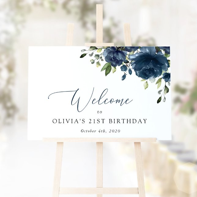 Navy Blåa blommor, Greenery, Birthday Welcome Poster (Skapare uppladdad)