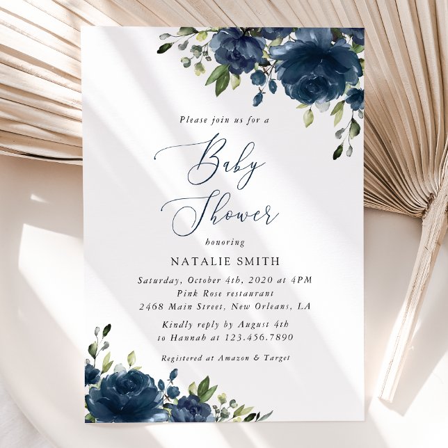 Navy Blåa blommor, Greenery, Boho, Baby Shower Inbjudningar (Skapare uppladdad)
