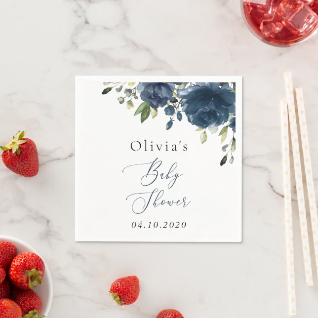 Navy Blåa blommor, Greenery, Boho, Baby Shower Pappersservett (Insitu)